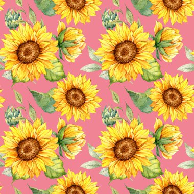 Suluboya Ayçiçeği Arkaplanı, Ayçiçeği Kusursuz desenli El Boyalı Sulu Ayçiçeği ve Yeşillik