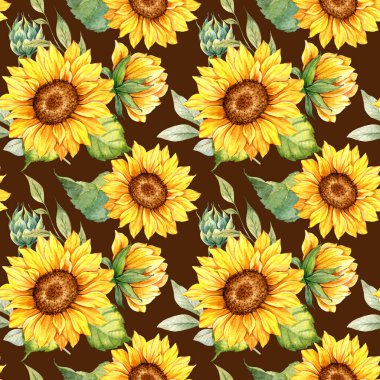 Suluboya Ayçiçeği Arkaplanı, Ayçiçeği Kusursuz desenli El Boyalı Sulu Ayçiçeği ve Yeşillik