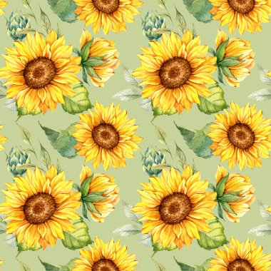 Suluboya Ayçiçeği Arkaplanı, Ayçiçeği Kusursuz desenli El Boyalı Sulu Ayçiçeği ve Yeşillik
