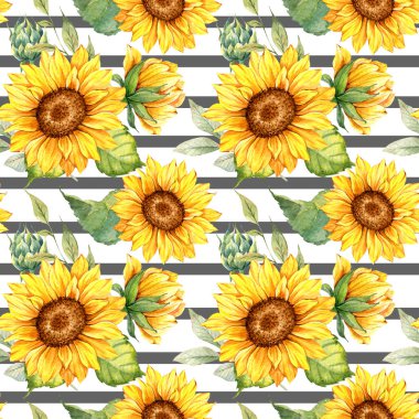 Watercolor Sunflower Background, Sunflower Seamless pattern with Hand Painted Watercolor Sunflowers and Greenery on white background. Floral Seamless Pattern.