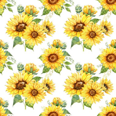 Watercolor Sunflower Background, Sunflower Seamless pattern with Hand Painted Watercolor Sunflowers and Greenery on white background. Floral Seamless Pattern.