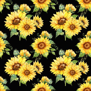 Watercolor Sunflower Background, Sunflower Seamless pattern with Hand Painted Watercolor Sunflowers and Greenery on white background. Floral Seamless Pattern.