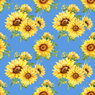Watercolor Sunflower Background, Sunflower Seamless pattern with Hand Painted Watercolor Sunflowers and Greenery on white background. Floral Seamless Pattern.