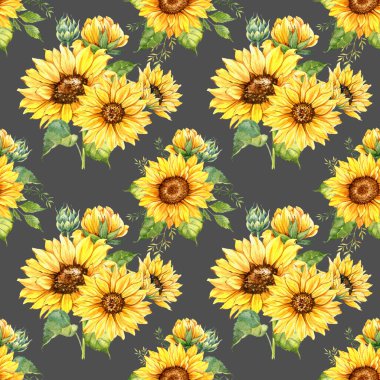 Watercolor Sunflower Background, Sunflower Seamless pattern with Hand Painted Watercolor Sunflowers and Greenery on white background. Floral Seamless Pattern.