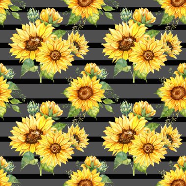 Watercolor Sunflower Background, Sunflower Seamless pattern with Hand Painted Watercolor Sunflowers and Greenery on white background. Floral Seamless Pattern.