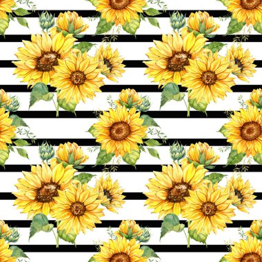 Watercolor Sunflower Background, Sunflower Seamless pattern with Hand Painted Watercolor Sunflowers and Greenery on white background. Floral Seamless Pattern.
