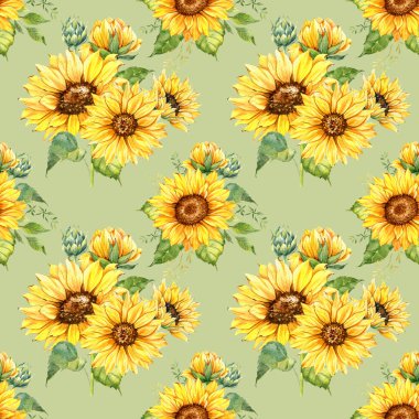 Watercolor Sunflower Background, Sunflower Seamless pattern with Hand Painted Watercolor Sunflowers and Greenery on white background. Floral Seamless Pattern.