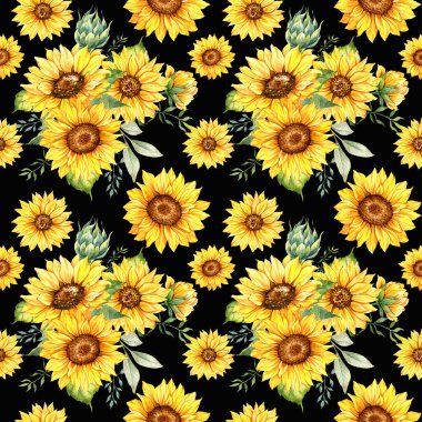 Watercolor Sunflower Background, Sunflower Seamless pattern with Hand Painted Watercolor Sunflowers and Greenery on white background. Floral Seamless Pattern.