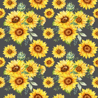 Watercolor Sunflower Background, Sunflower Seamless pattern with Hand Painted Watercolor Sunflowers and Greenery on white background. Floral Seamless Pattern.