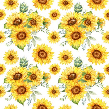 Watercolor Sunflower Background, Sunflower Seamless pattern with Hand Painted Watercolor Sunflowers and Greenery on white background