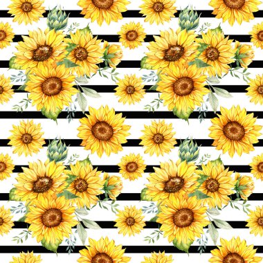 Watercolor Sunflower Background, Sunflower Seamless pattern with Hand Painted Watercolor Sunflowers and Greenery on white background