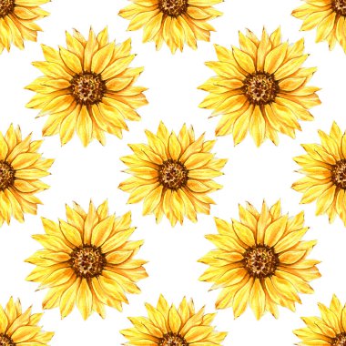 Watercolor Sunflower Background, Sunflower Seamless pattern with Hand Painted Watercolor Sunflowers and Greenery on white background