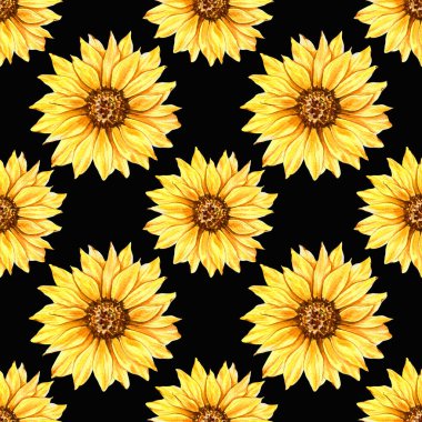 Watercolor Sunflower Background, Sunflower Seamless pattern with Hand Painted Watercolor Sunflowers and Greenery on black  background