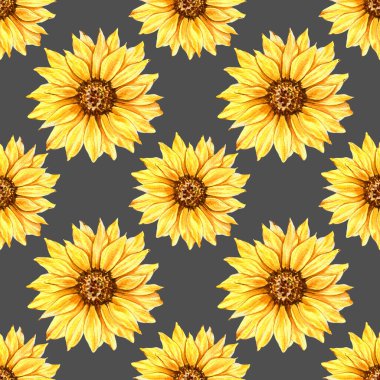 Watercolor Sunflower Background, Sunflower Seamless pattern with Hand Painted Watercolor Sunflowers and Greenery on white background. Floral Seamless Pattern.