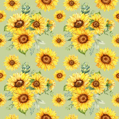 Watercolor Sunflower Background, Sunflower Seamless pattern with Hand Painted Watercolor Sunflowers and Greenery on white background. Floral Seamless Pattern.