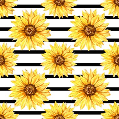 Watercolor Sunflower Background, Sunflower Seamless pattern with Hand Painted Watercolor Sunflowers and Greenery on white background