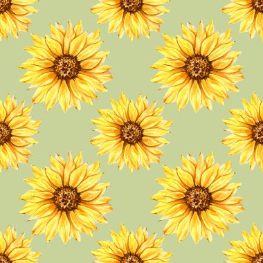 Watercolor Sunflower Background, Sunflower Seamless pattern with Hand Painted Watercolor Sunflowers and Greenery on white background. Floral Seamless Pattern.