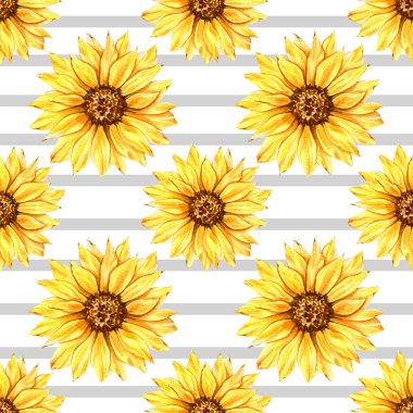Watercolor Sunflower Background, Sunflower Seamless pattern with Hand Painted Watercolor Sunflowers and Greenery on white background