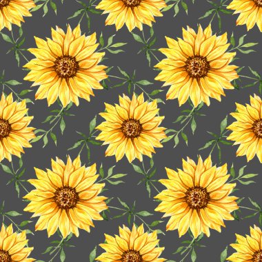 Watercolor Sunflower Background, Sunflower Seamless pattern with Hand Painted Watercolor Sunflowers and Greenery on white background. Floral Seamless Pattern.
