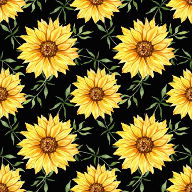 Watercolor Sunflower Background, Sunflower Seamless pattern with Hand Painted Watercolor Sunflowers and Greenery on white background. Floral Seamless Pattern.