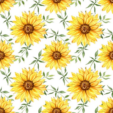 Watercolor Sunflower Background, Sunflower Seamless pattern with Hand Painted Watercolor Sunflowers and Greenery on white background