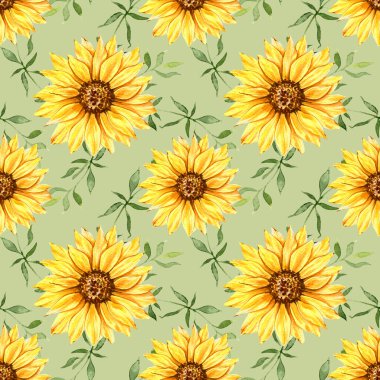 Watercolor Sunflower Background, Sunflower Seamless pattern with Hand Painted Watercolor Sunflowers and Greenery on white background. Floral Seamless Pattern.