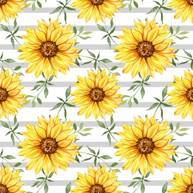 Watercolor Sunflower Background, Sunflower Seamless pattern with Hand Painted Watercolor Sunflowers and Greenery on white background