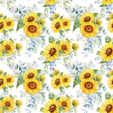 Watercolor Sunflower Background, Sunflower Seamless pattern with Hand Painted Watercolor Sunflowers and Greenery on white background
