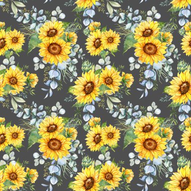 Watercolor Sunflower Background, Sunflower Seamless pattern with Hand Painted Watercolor Sunflowers and Greenery on white background. Floral Seamless Pattern.