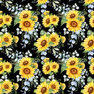 Watercolor Sunflower Background, Sunflower Seamless pattern with Hand Painted Watercolor Sunflowers and Greenery on white background. Floral Seamless Pattern.
