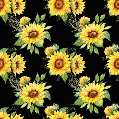 Watercolor Sunflower Background, Sunflower Seamless pattern with Hand Painted Watercolor Sunflowers and Greenery on dark background
