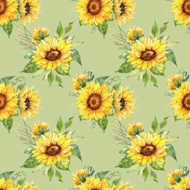 Watercolor Sunflower Background, Sunflower Seamless pattern with Hand Painted Watercolor Sunflowers and Greenery on white background. Floral Seamless Pattern.