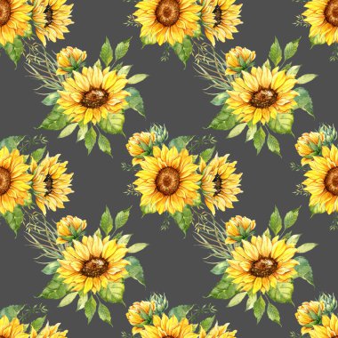 Watercolor Sunflower Background, Sunflower Seamless pattern with Hand Painted Watercolor Sunflowers and Greenery on dark background