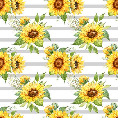 Watercolor Sunflower Background, Sunflower Seamless pattern with Hand Painted Watercolor Sunflowers and Greenery on white background