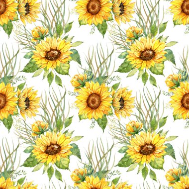 Watercolor Sunflower Background, Sunflower Seamless pattern with Hand Painted Watercolor Sunflowers and Greenery on white background