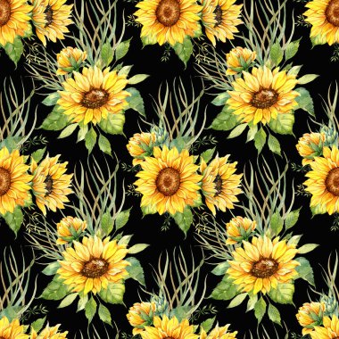 Watercolor Sunflower Background, Sunflower Seamless pattern with Hand Painted Watercolor Sunflowers and Greenery on dark background