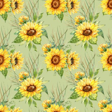 Watercolor Sunflower Background, Sunflower Seamless pattern with Hand Painted Watercolor Sunflowers and Greenery on white background. Floral Seamless Pattern.