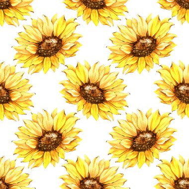 Watercolor Sunflower Background, Sunflower Seamless pattern with Hand Painted Watercolor Sunflowers and Greenery on white background