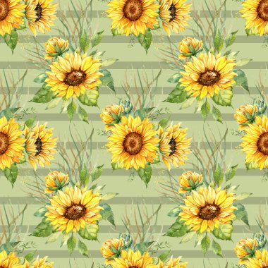 Watercolor Sunflower Background, Sunflower Seamless pattern with Hand Painted Watercolor Sunflowers and Greenery on white background. Floral Seamless Pattern.