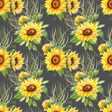 Watercolor Sunflower Background, Sunflower Seamless pattern with Hand Painted Watercolor Sunflowers and Greenery on dark background
