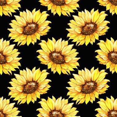 Watercolor Sunflower Background, Sunflower Seamless pattern with Hand Painted Watercolor Sunflowers and Greenery on dark background