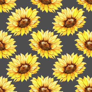 Watercolor Sunflower Background, Sunflower Seamless pattern with Hand Painted Watercolor Sunflowers and Greenery on dark background