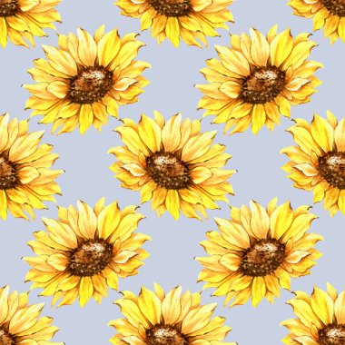 Watercolor Sunflower Background, Sunflower Seamless pattern with Hand Painted Watercolor Sunflowers and Greenery on white background. Floral Seamless Pattern.