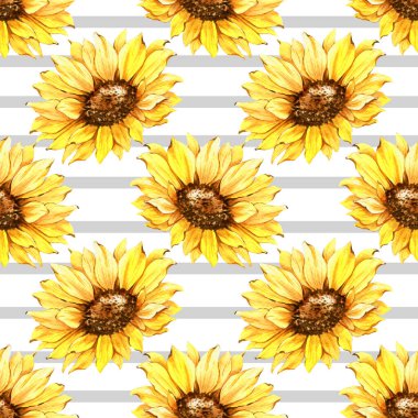 Watercolor Sunflower Background, Sunflower Seamless pattern with Hand Painted Watercolor Sunflowers and Greenery on white background
