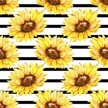 Watercolor Sunflower Background, Sunflower Seamless pattern with Hand Painted Watercolor Sunflowers and Greenery on white background