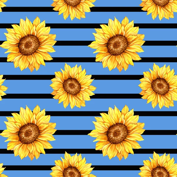 Suluboya Ayçiçeği Arkaplanı, Ayçiçeği Kusursuz desenli El Boyalı Sulu Ayçiçeği ve Yeşillik