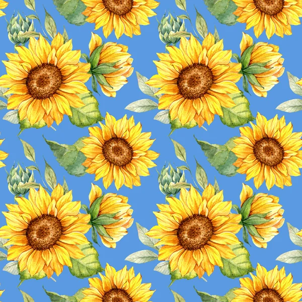 Watercolor Sunflower Background, Sunflower Seamless pattern with Hand Painted Watercolor Sunflowers and Greenery