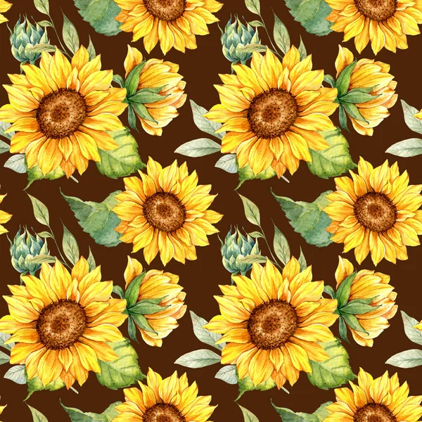 Suluboya Ayçiçeği Arkaplanı, Ayçiçeği Kusursuz desenli El Boyalı Sulu Ayçiçeği ve Yeşillik