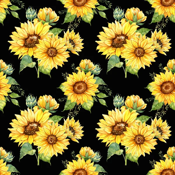 Watercolor Sunflower Background, Sunflower Seamless pattern with Hand Painted Watercolor Sunflowers and Greenery on white background. Floral Seamless Pattern.