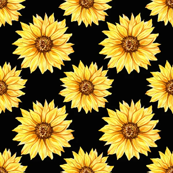 Watercolor Sunflower Background, Sunflower Seamless pattern with Hand Painted Watercolor Sunflowers and Greenery on black  background